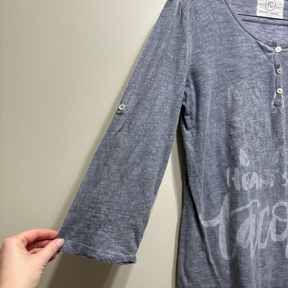 Point Zero “My Head Says Gym My Heart Says Tacos” Graphic 3/4 Sleeve Top Blue M - Picture 4 of 9
